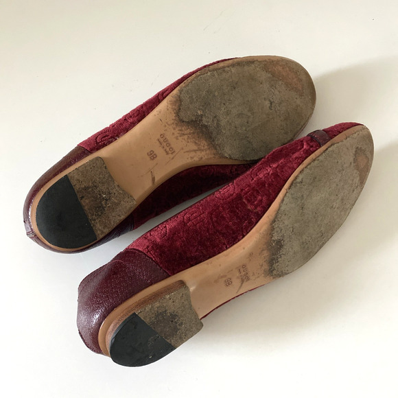 GUCCI Ballet Flat Burgundy Red Velvet Velour Round Toe Gold Buckle Equestrian 9 - Picture 12 of 14